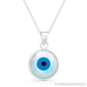 Evil Eye Charm Mother-of-Pearl & Enamel Pendant in .925 Sterling Silver